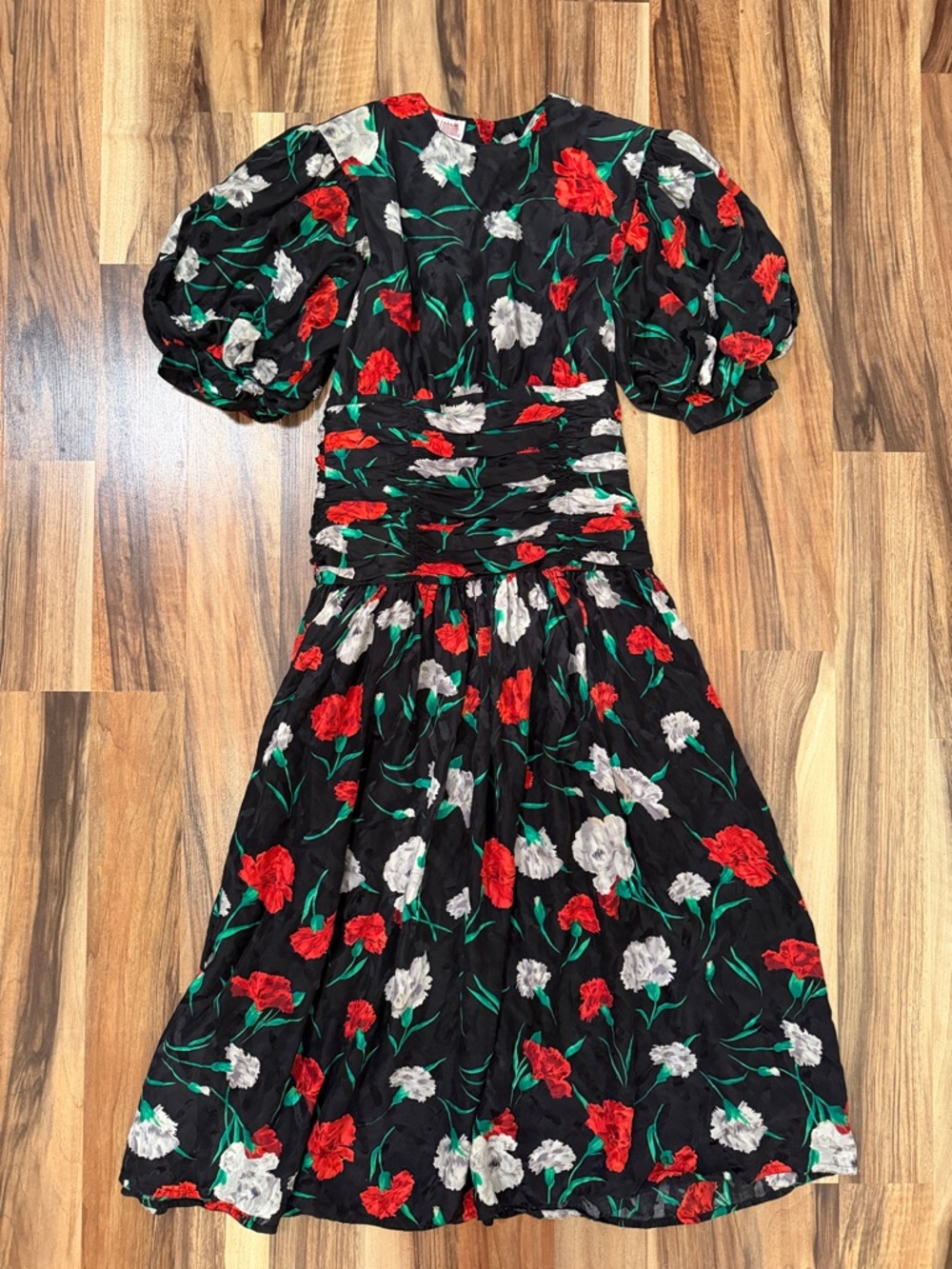 Black Floral Puff Sleeve Midi Dress with Red & White Blooms